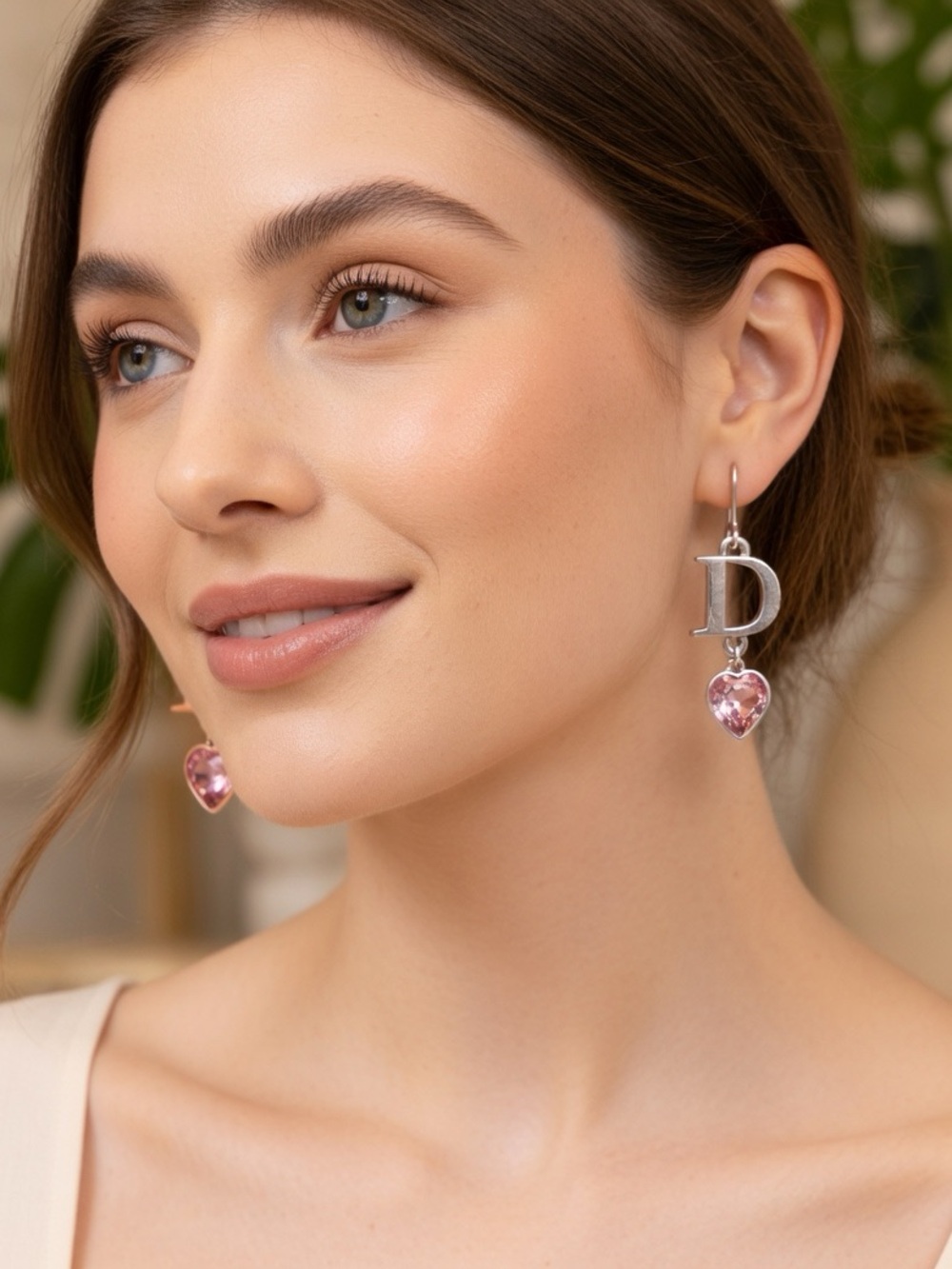 DIOR Vintage Silver Tone 'D' Drop Earrings w Pink Heart Crystals